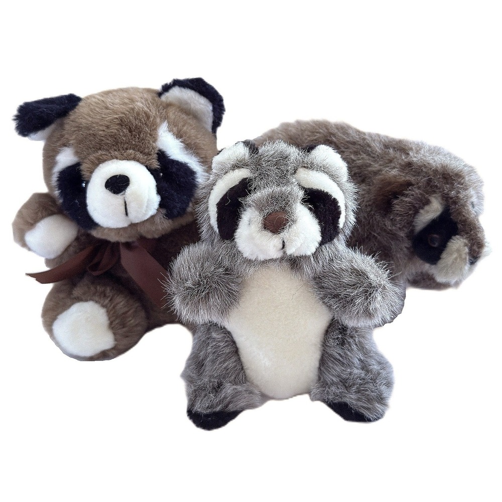 3 Vintage Raccoons Plush Lot Unisex Gray Brown Faux Fur Forest Woodland Toy